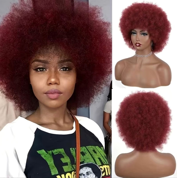 Natural Brazilian Human Hair Afro Kinky Curly Wig with Bangs - Picture 5 of 8